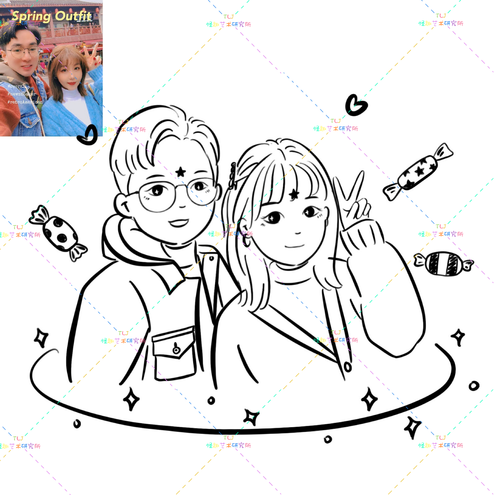 Line hand-painted wedding logo design black and white stick figure couple avatar cartoon Q version comic photo custom Q version