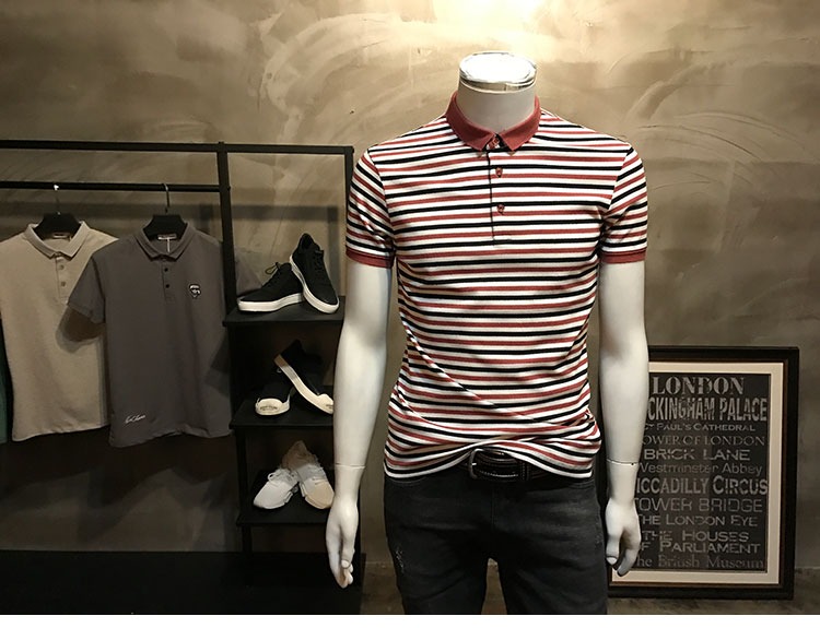 Mùa hè 2019 mới thời trang áo polo sọc nam phiên bản Hàn Quốc của áo sơ mi nhỏ Paul áo sơ mi mỏng tay ngắn áo polo đen