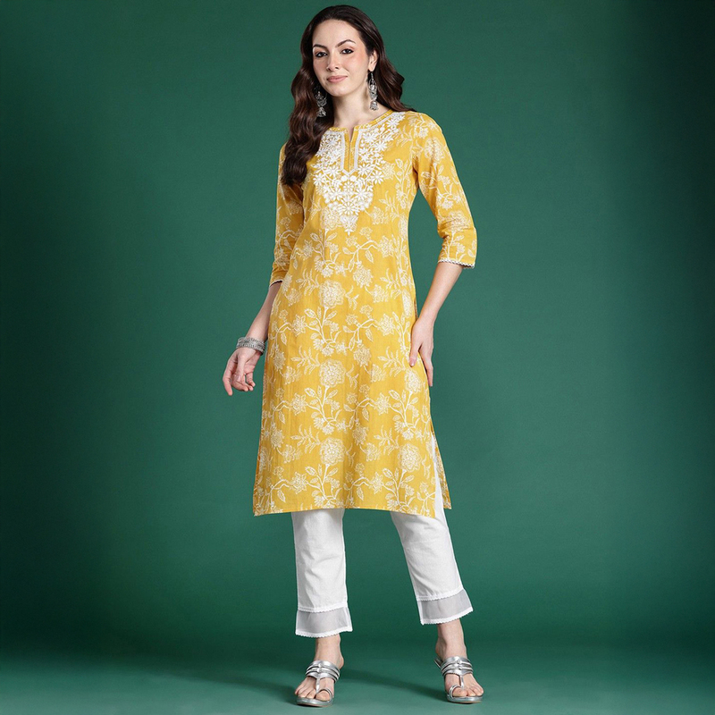 Indian and Nepalese Women's Clothing, Exotic Style, Pure Cotton, Versatile Embroidered Round-Neck Yellow Top, Mid-Length, Thin and Elegant
