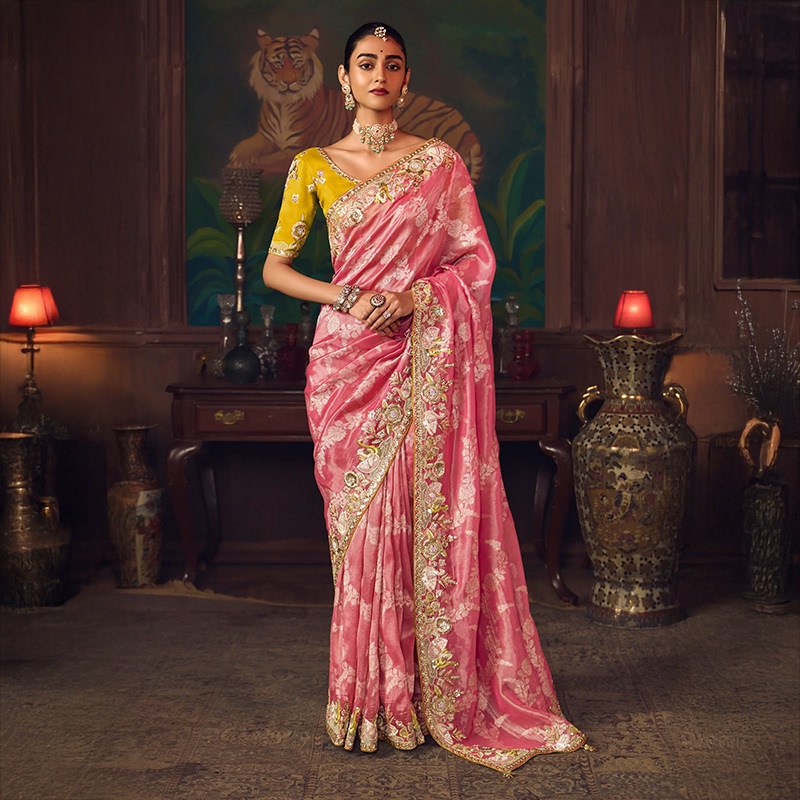 Indian Women's Traditional Rayon Dress, Heavy Work, Salmon Pink Evening Gown, Imported Exotic Style, Exquisite Annual Meeting Saree