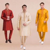 Indian Imported Mens Clothing Loose Silk Cotton Tradition Authentic Ethnic Dress Embroidered With Pants Rice Yellow