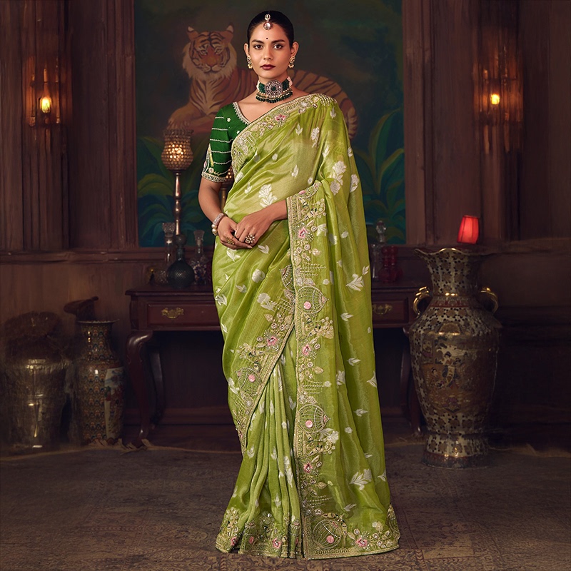 Indian Women's Olive Green Henna Hand-Painted Rayon Saree with Luxurious Craftsmanship and Bollywood-Style Elegance for Parties and Annual Events