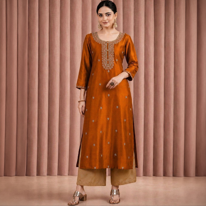 Indian Imported Clothing Silk Blend Three-Quarter Sleeve Indian-Pakistani Style Indian Dance Princess Costume Embroidered Orange Round Neck Top Indian Imported Clothing Silk Blend Three-Quarter Sleeve Indian-Pakistani Style Indian Dance Princess Costume Embroidered Orange Round Neck Top
