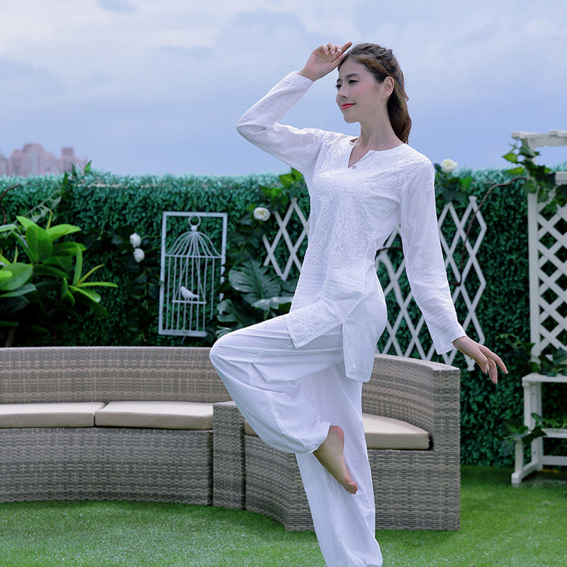 India imported pure cotton white pure handmade embroidery classical Hatha yoga suit meditation suit Women's top suit thin section