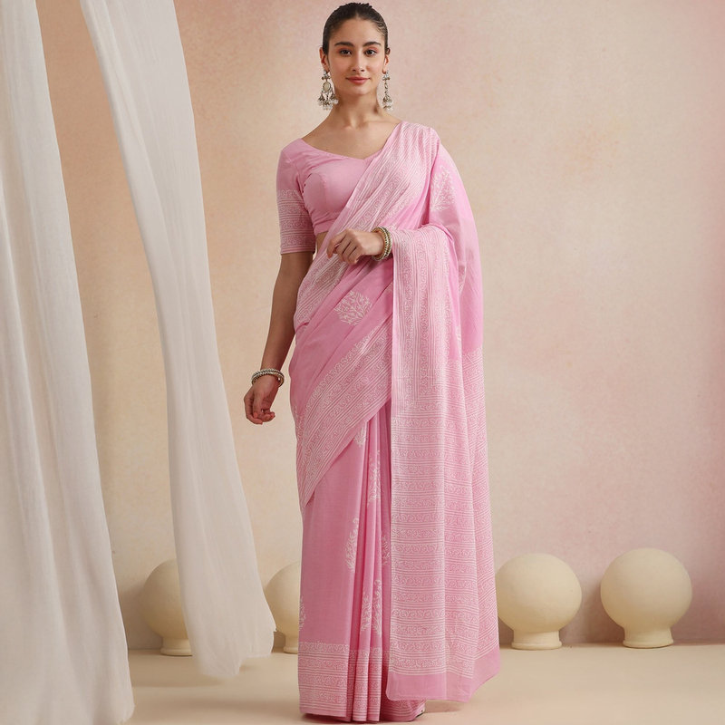 Indian Nepalese Saree, Light Pink Cotton and Linen, Simple and Elegant, New Model for Annual Meetings, Spring and Summer, Ethnic Style, Festival Traditional Print