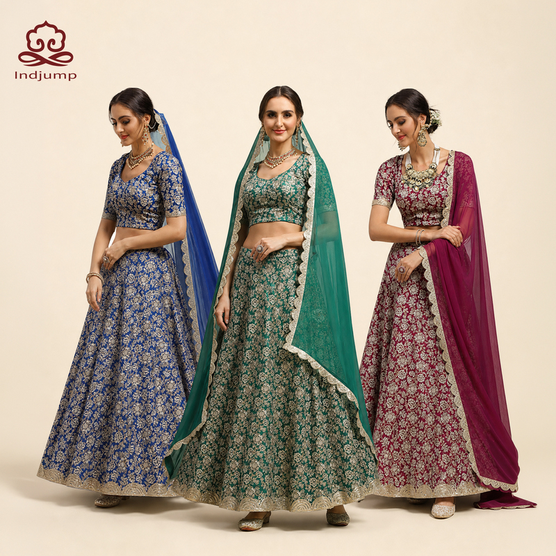 Indian Clothing Lengha Women's New Dance Three-Color Cotton Square-Neck Printed Exotic Style Mid-Sleeve Thin Three-Piece Set