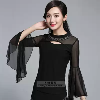 Spring women's modern dance top classical dance lotus leaf long-sleeved women's national standard dance square dance black practice suit top