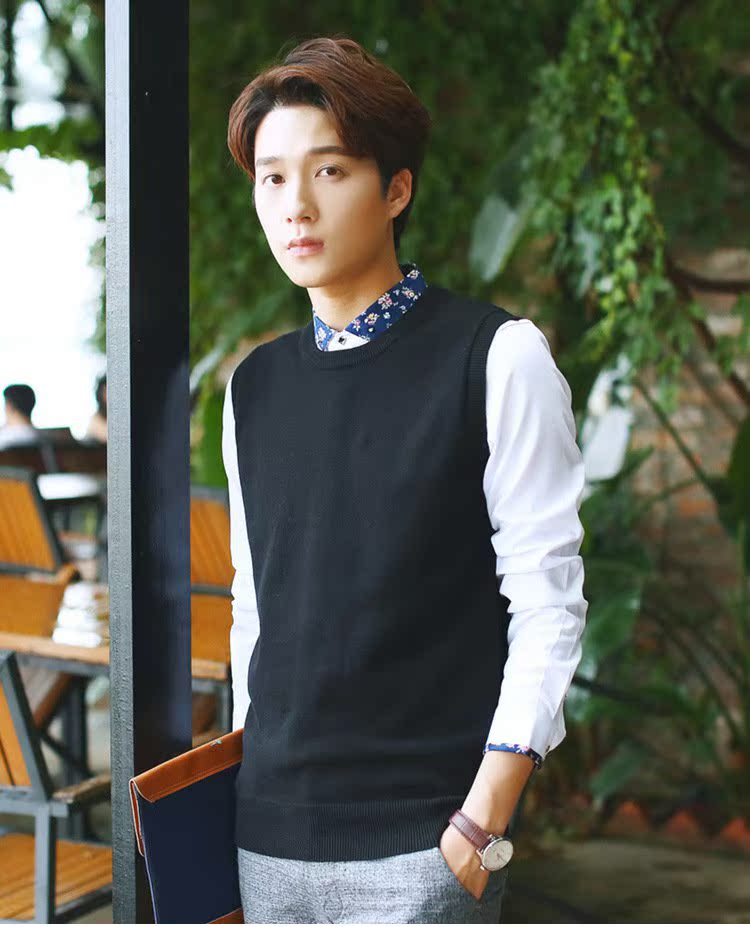 Áo len cotton cổ tròn vest vest không tay áo len phiên bản Hàn Quốc của áo len không tay tự phối áo len đáy áo len dệt kim