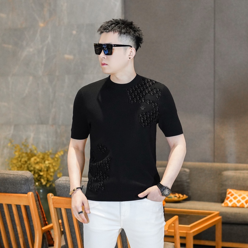 2026 Spring and Autumn New Style High-End Black Letter Geometric Print Pattern Short-Sleeved Knitwear Sweater for Men Gl9606