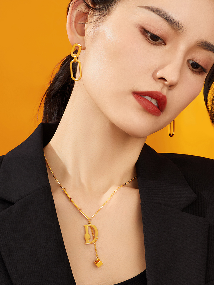 六福珠宝D字黄金项链女套链足金硬金工艺含延长链计价L28TBGN0001