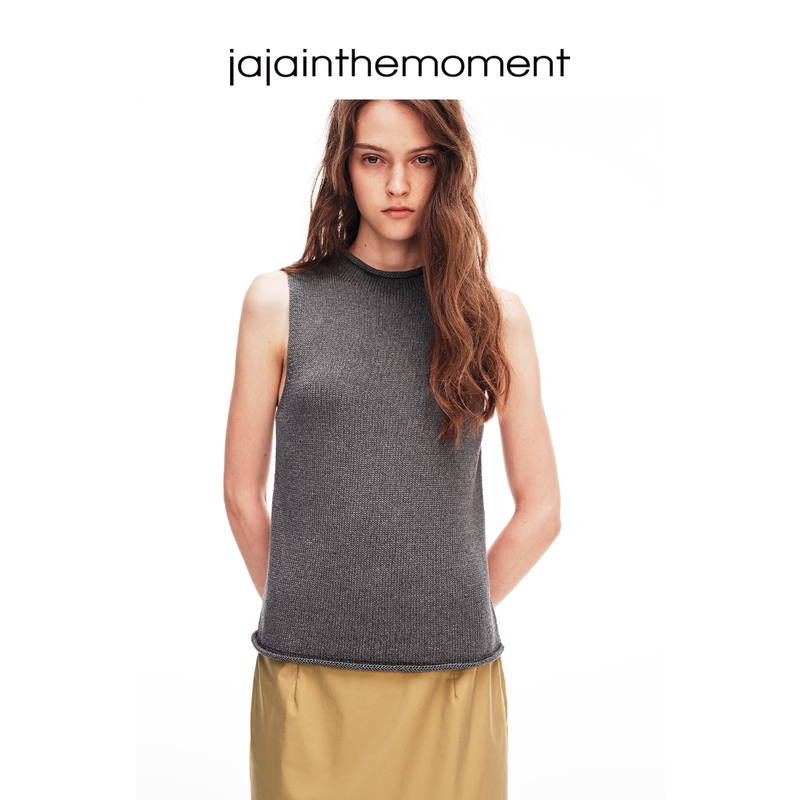 Jaja Summer Retro Lyocell Linen Half-High Collar Rolled Edge Chunky Knit Vest Tt050015 Jaja Summer Retro Lyocell Linen Half-High Collar Rolled Edge Chunky Knit Vest Tt050015