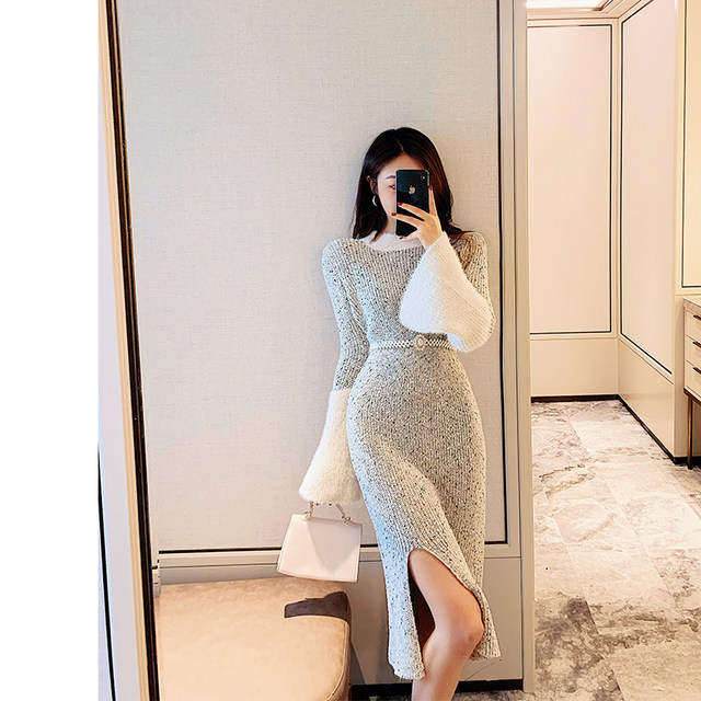 Gao Leng Yujie style mature bottoming dress women's autumn and winter long waist and thin temperament over-the-knee knitted sweater dress