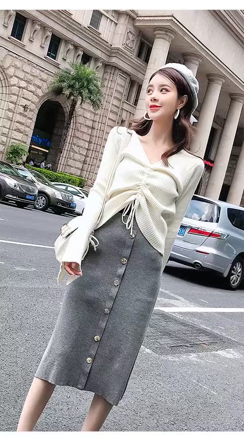 Kích thước lớn lỏng đan len váy nữ mùa thu và mùa đông mới chất béo mm phần dài eo cao xếp li váy dài 200 kg chân váy bút chì dài