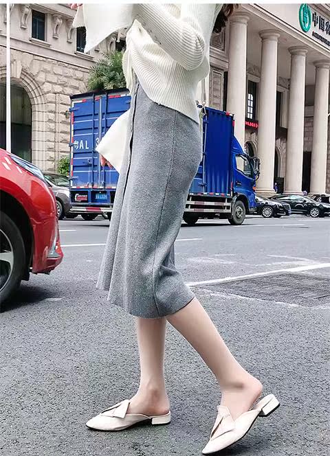 Kích thước lớn lỏng đan len váy nữ mùa thu và mùa đông mới chất béo mm phần dài eo cao xếp li váy dài 200 kg chân váy bút chì dài