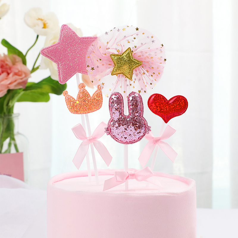 Fresh Pink Korean Cake Decoration Inserts Flag Loving Crown Stars Little Rabbit Ears Happy Birthday Baking Inserts-Taobao