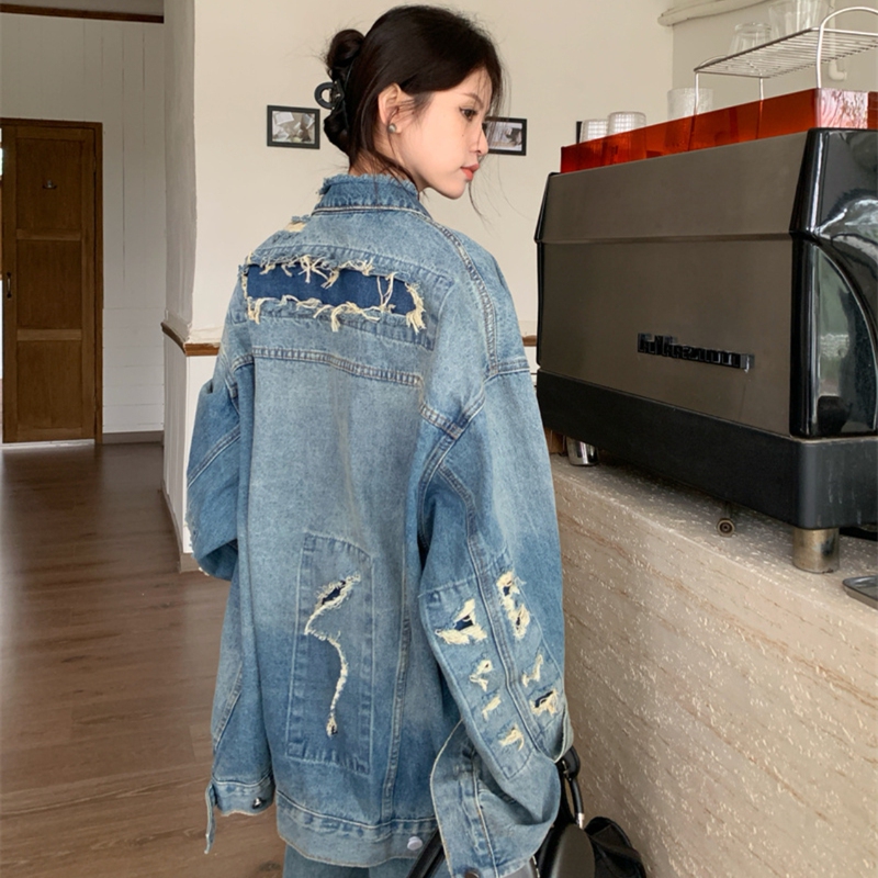Spring and Autumn New Style Plus Size Fat m Fashionable Retro Loose Washed Distressed Heavy Craft Denim Jacket for Women, Mid-Length, Slimming Spring and Autumn New Style Plus Size Fat m Fashionable Retro Loose Washed Distressed Heavy Craft Denim Jacket for Women, Mid-Length, Slimming