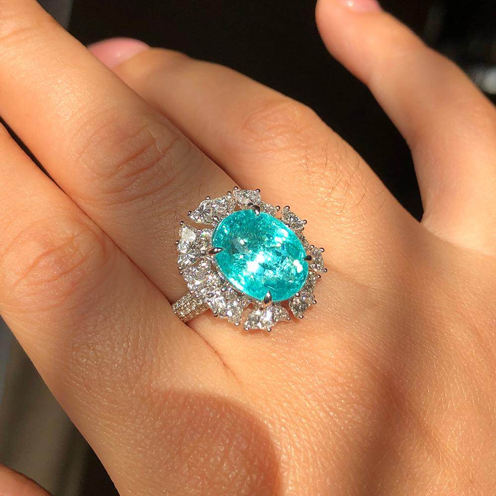 Lumi Jewelry Natural Mozambique Paraiba Ring 18K Gold Diamond Women's Ring Jewelry Customized Neon Blue