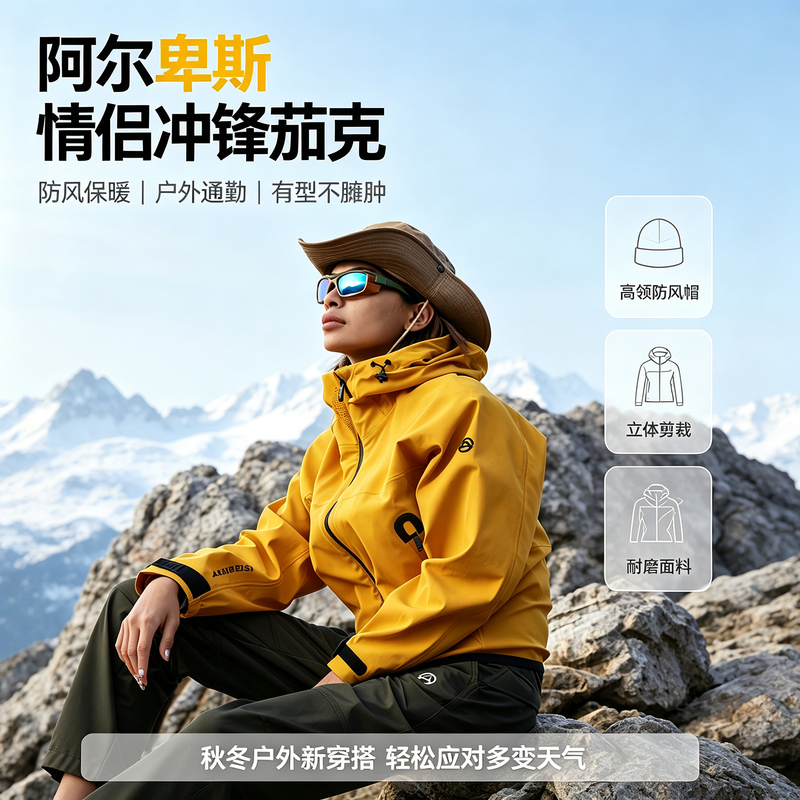 Alps' New Versatile Letter-Print Hooded Jacket for Couples, Suitable for Both Men and Women, Outdoor Raglan Sleeve Jacket