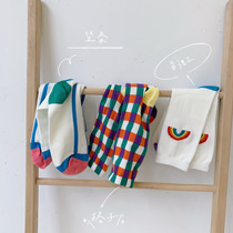 IOULOR plaid socks women Summer pile socks medium tube rainbow socks fashion trend ins blue stripe tide socks