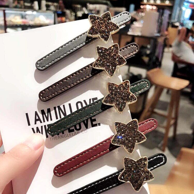 New Korean version of female hair accessories PU leather crystal edge clip pentagram rhinestone one word clip hairpin ball head broken hairpin