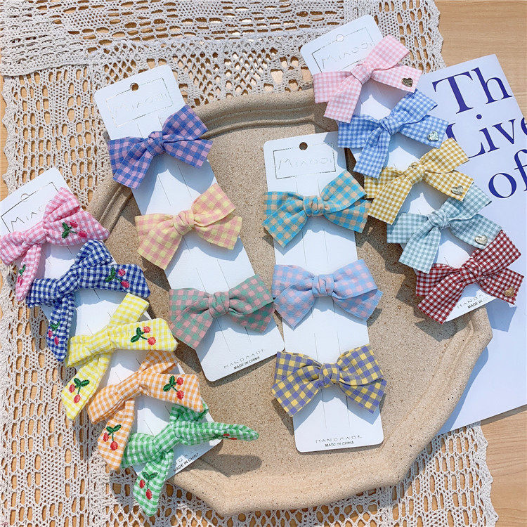 Han Edition New Children's Checkered Butterfly Knot Hair Clip Baby Temperament Hair Clip Cute Little Girl Cherry Edge Clip Hair Accessories