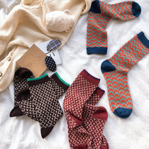 Socks womens socks autumn ins retro double needle middle socks cotton geometric College wind pile socks tide