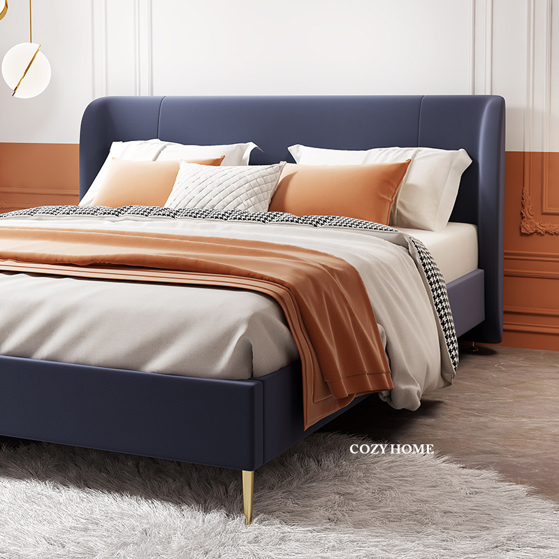 Nordic INS solid wood bed master bedroom wedding bed 18m double bed hyacinth leather bed wobble wind blue fabric