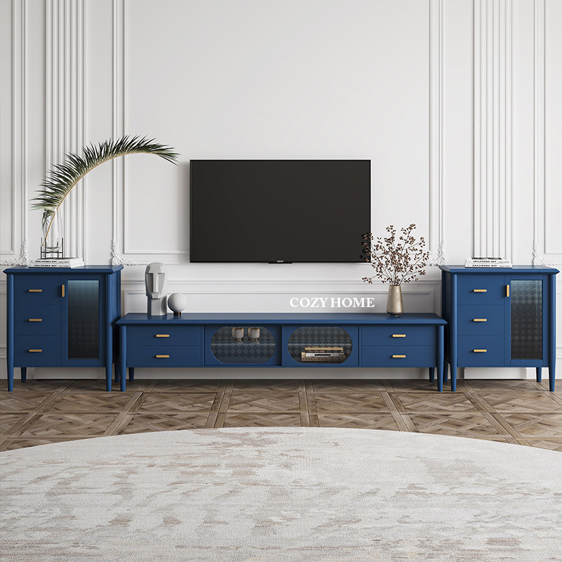 Nordic retro all solid wood TV cabinet light luxury Begonia glass blue TV cabinet simple net celebrity TV cabinet combination
