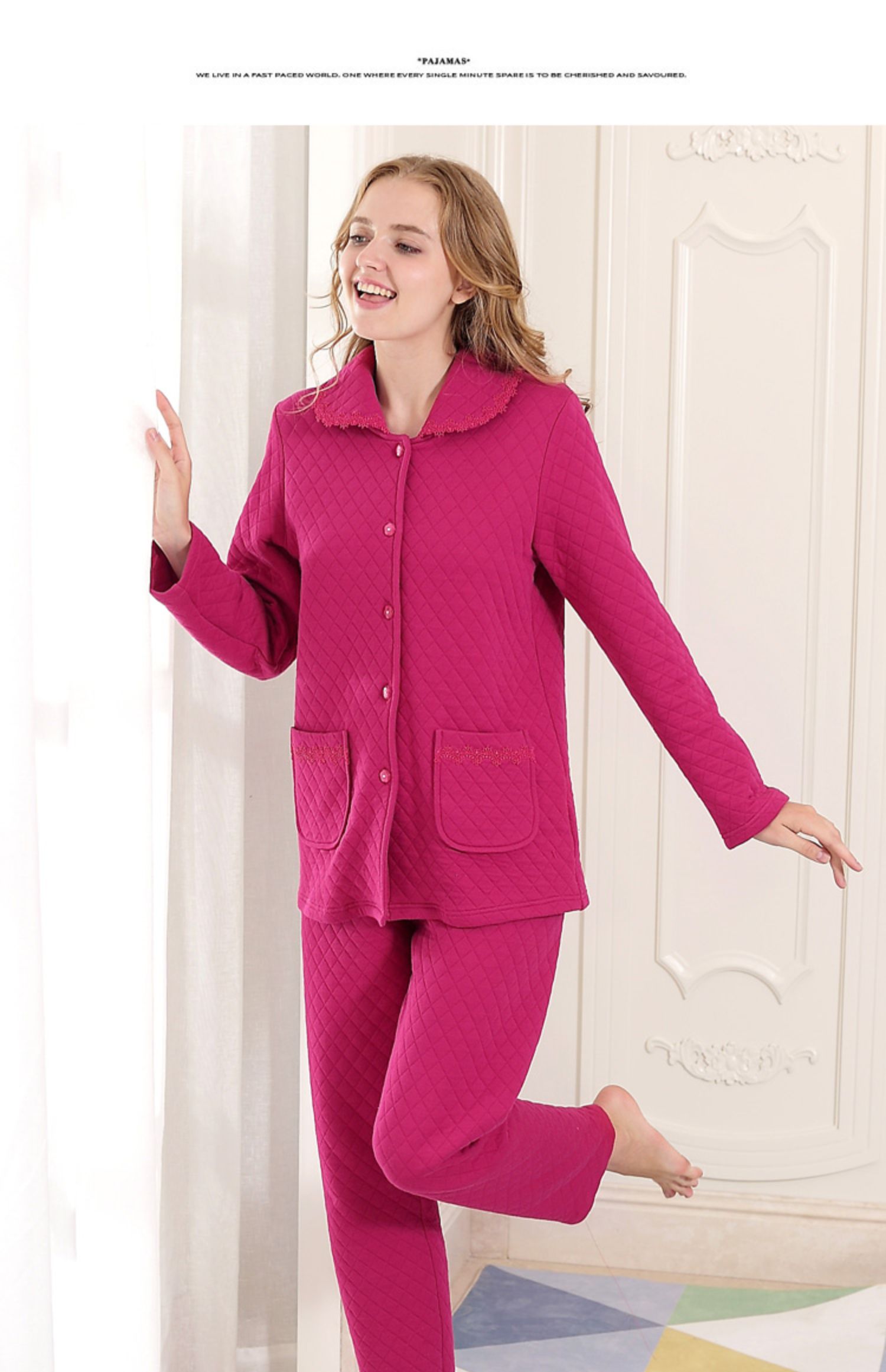 Bộ đồ ngủ bằng vải cotton tiêu chuẩn của Mỹ dành cho phụ nữ mới mùa thu và mùa đông có thể mặc ấm ba lớp có thể mặc bên ngoài bằng vải cotton đồ bộ mặc nhà