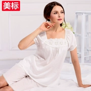 Phụ nữ tiêu chuẩn Mỹ mùa xuân và mùa hè mới ren đồ ngủ ngắn tay cotton hai mảnh phù hợp với bông có thể được mặc bên ngoài dịch vụ nhà