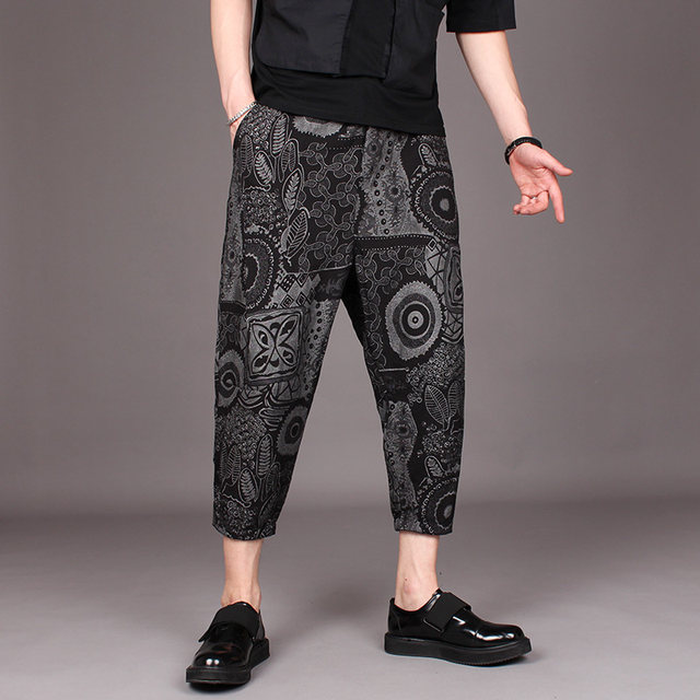 Trendy brand summer summer black ice silk thin material nine-point pants Korean style retro loose large size harem pants men's versatile casual pants