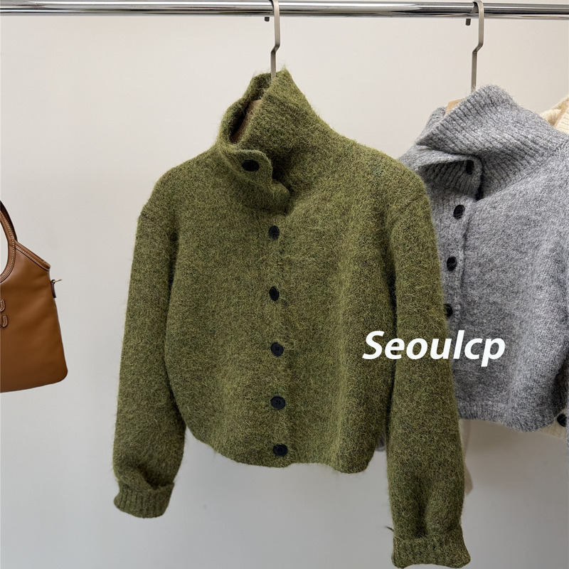 Seoulcp Korean Style Lazy High-Neck Single-Breasted Short Knitted Cardigan for Women, Loose Sweater Jacket with Shoulder Pads Seoulcp Korean Style Lazy High-Neck Single-Breasted Short Knitted Cardigan for Women, Loose Sweater Jacket with Shoulder Pads