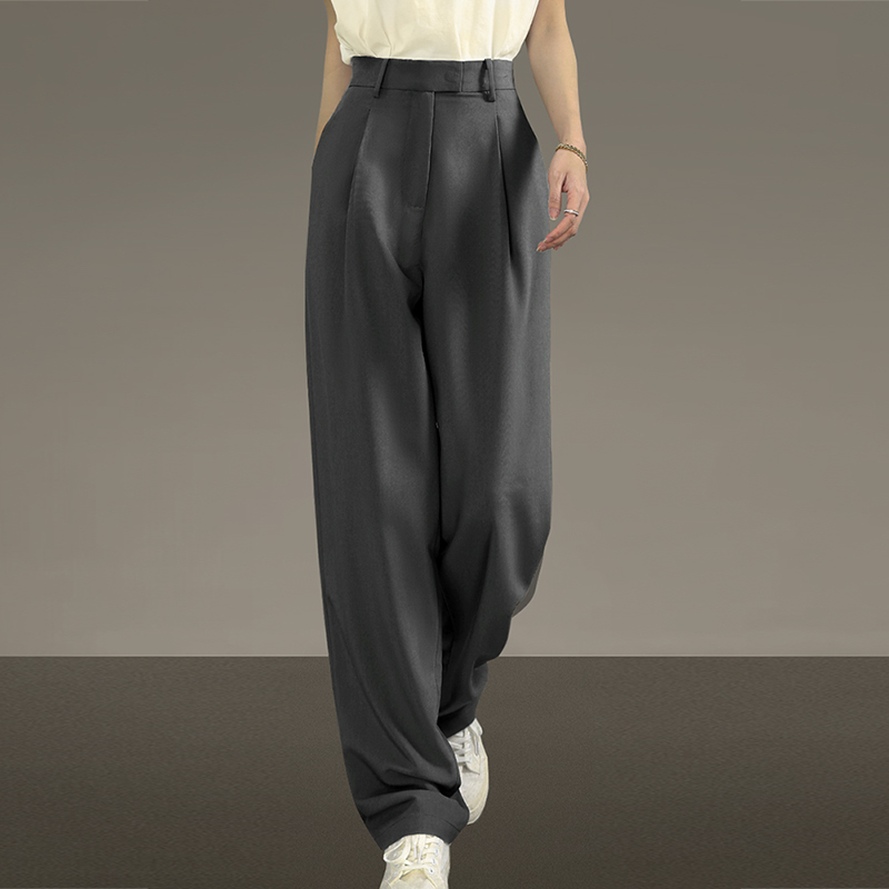European and American Style High-Waisted Wide-Leg Pants for Women, Spring and Autumn Drapey Long Pants, Suit Pants, Professional Temperament, Gray Straight-Leg Casual Pants
