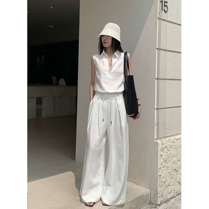 Zonopoem High-End Linen Light Luxury Suit for Women, V-Neck Shirt, Wide-Leg Pants, Young Style Suit 10633