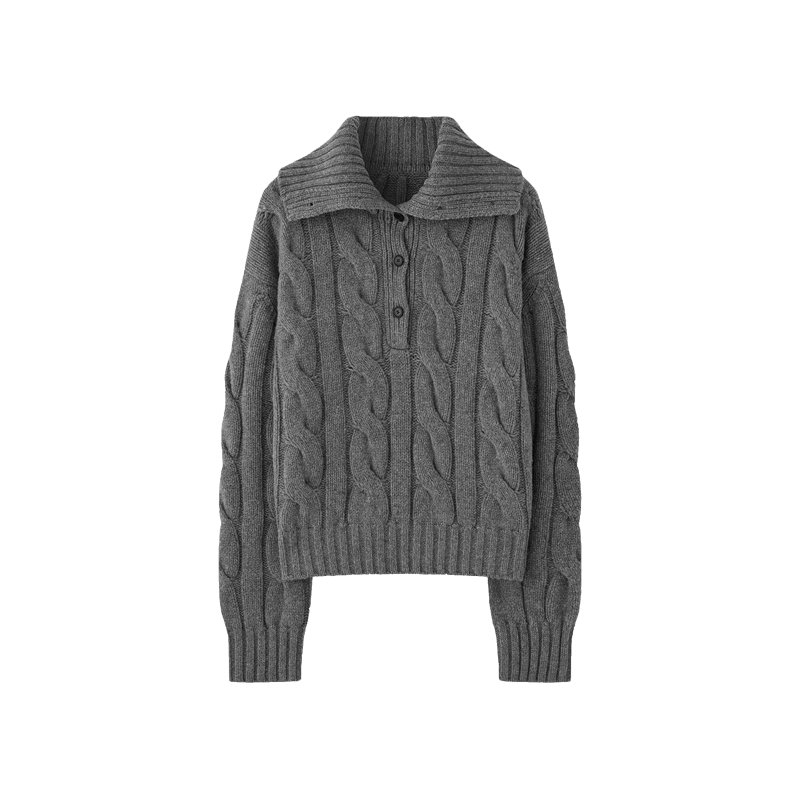 Wool Blend Stand Collar Short Boxy Chunky Cable Knit Sweater with Regular Shoulders and a Turn-Down Collar