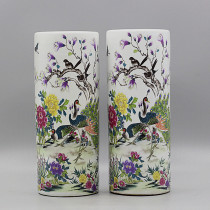 Republic of China pastel peacock hat tube and sword tube (pair) Jingdezhen antique porcelain Chinese style ornaments antique collection