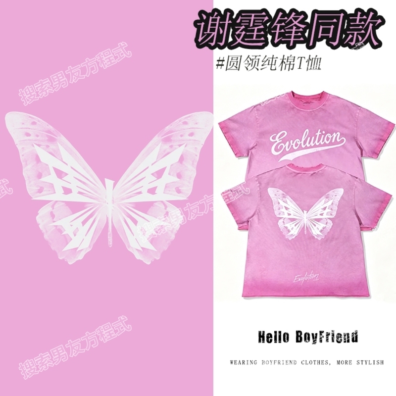 Nicholas Tse Evolution Concert Same Style Clothing Qingdao Washed Pink Loose T-Shirt Butterfly Unisex Support