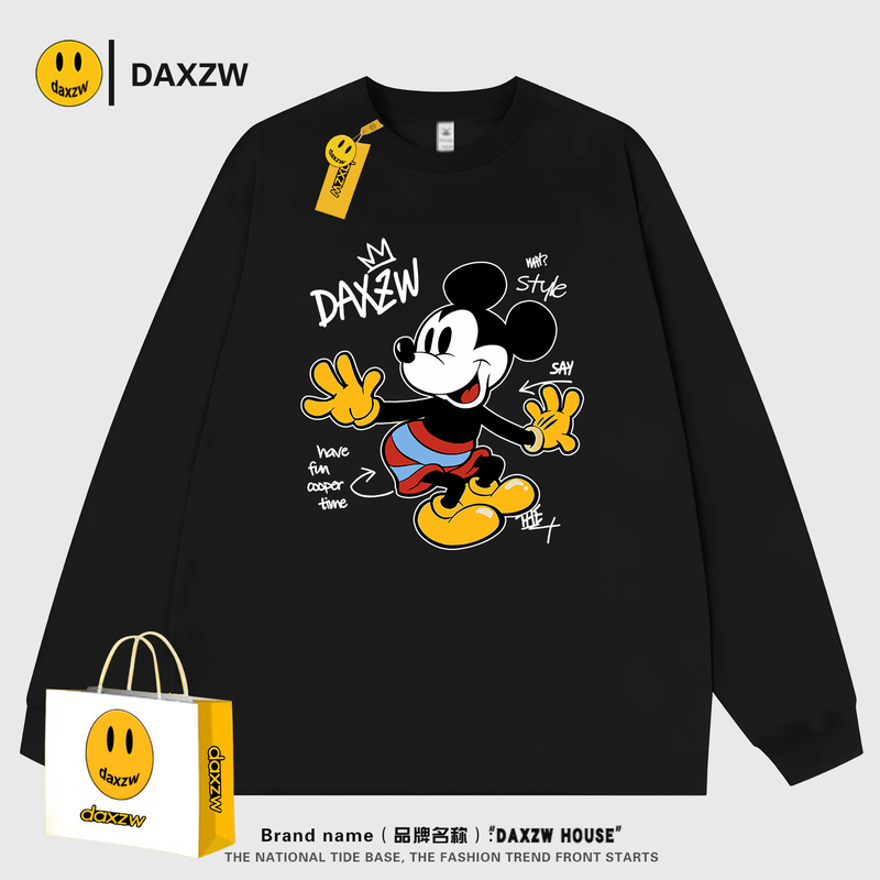 Daxzw American Trendy Brand Mickey Versatile Cotton Loose Casual Round Neck Top Unisex Couple Autumn Long-Sleeve T-Shirt