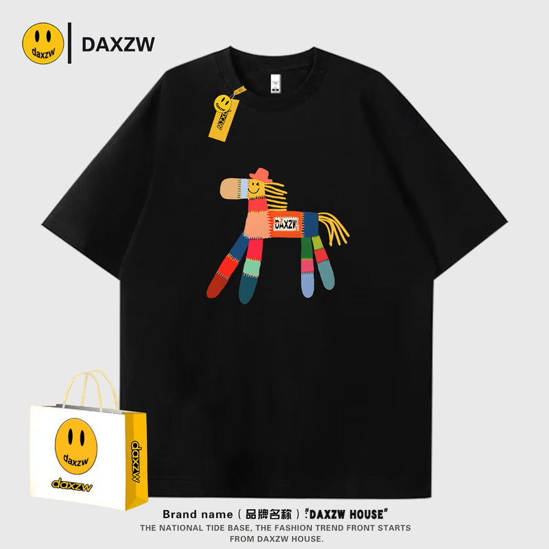 Daxzw Trendy Brand ins Retro Heavyweight Pure Cotton Loose Round Neck Summer Top Versatile Short-Sleeve T-Shirt Unisex