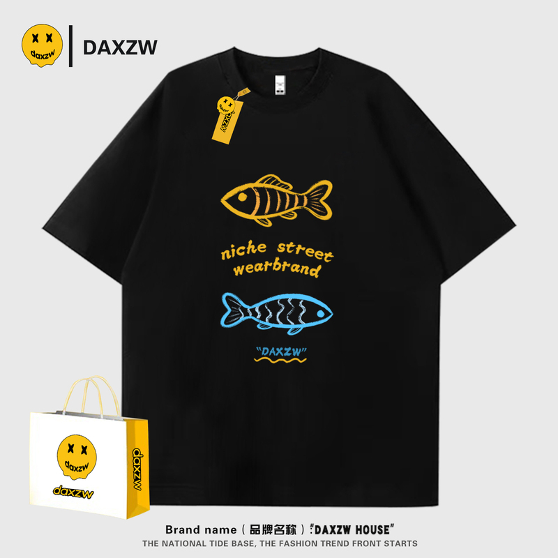 Daxzw American Retro Fish Print Short-Sleeve T-Shirt for Men and Women, Loose Round Neck Versatile Trendy Brand Top 2026 Summer