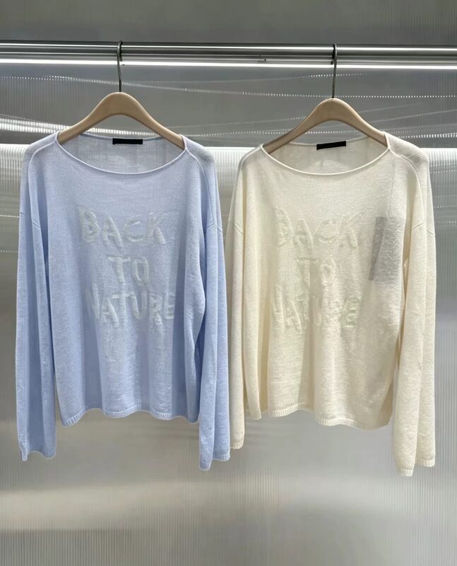 Authentic Knitwear 2026 Autumn New Product Lightweight Sheer Cotton and Linen Off-Shoulder Loose Blouse with Fringe Slogan Mbf3Swt033