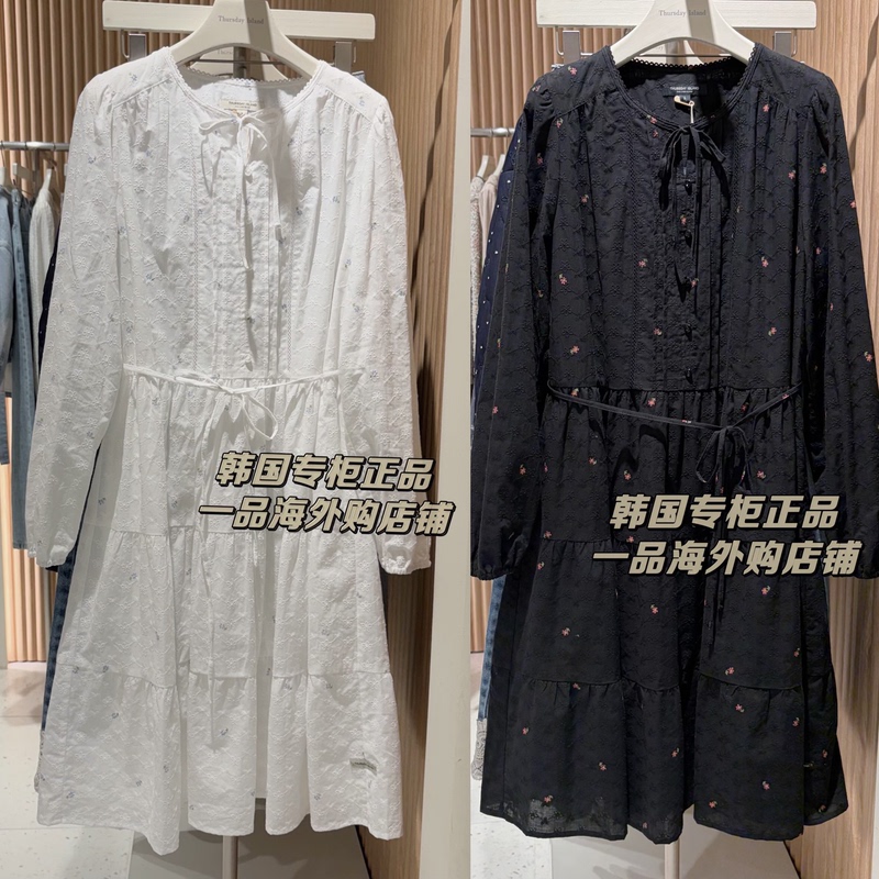 Exclusive Korean Style Poster-Style Dress with Fresh Lace Floral Print and Tie-Up Long Sleeves