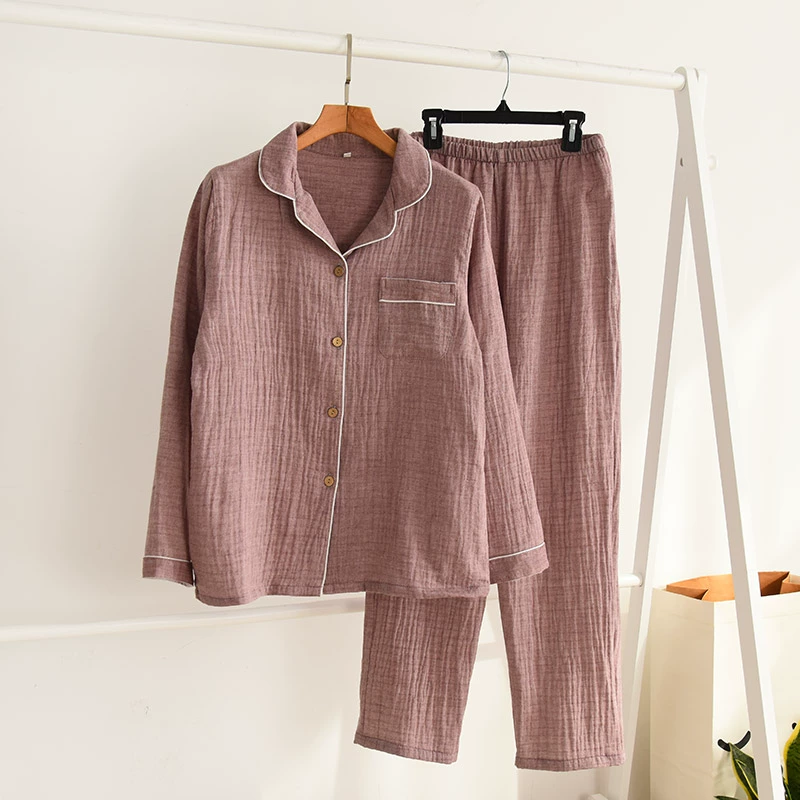 Cặp đôi mẫu có thể giặt màu sợi đôi sợi bông phục vụ nhà phù hợp với áo hai lớp crepe quần dài tay đồ ngủ hai mảnh đồ bộ pijama nữ lụa