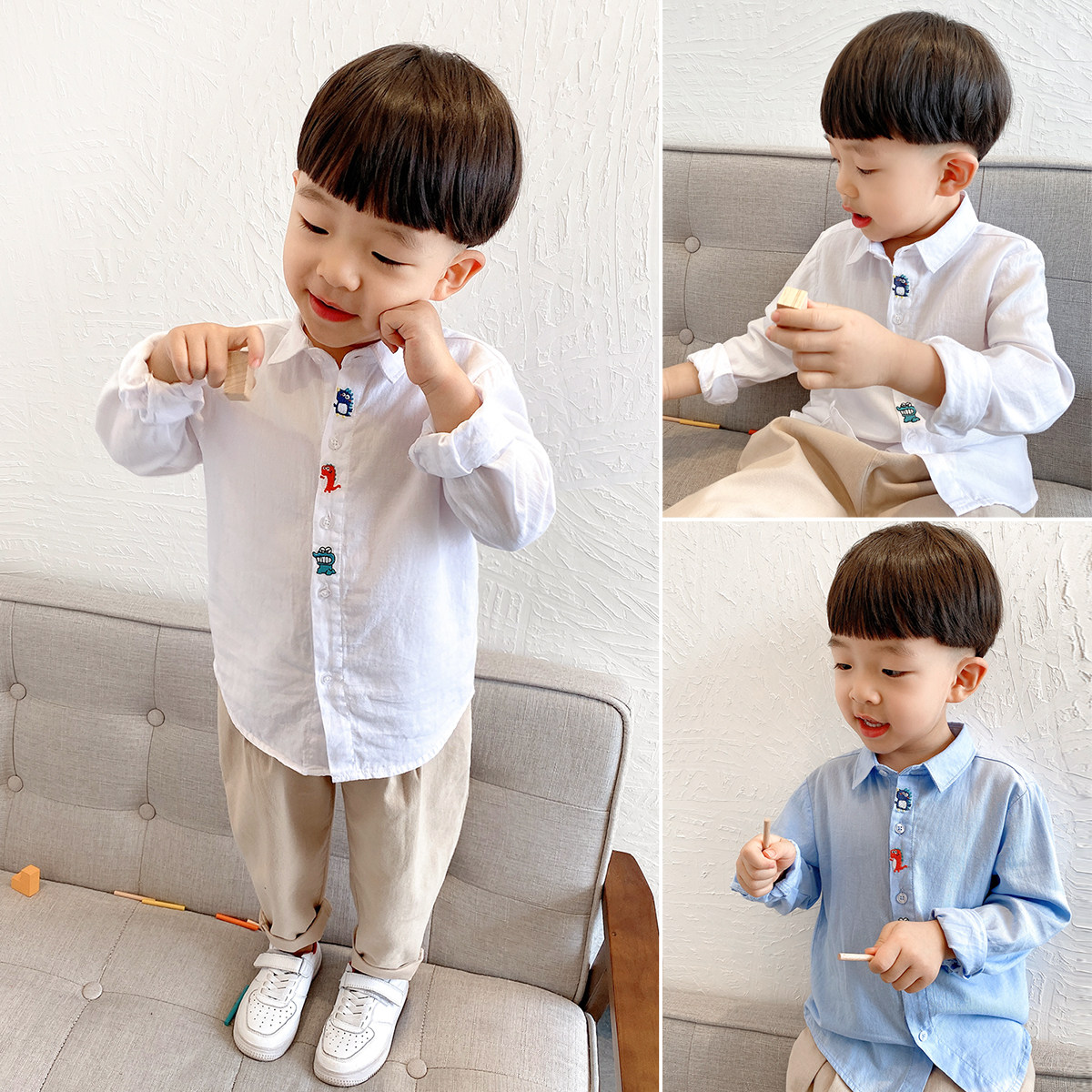 Very soft children pure cotton shirt male and female embroidered dinosaur white shirt 100 hitch on campus small and new