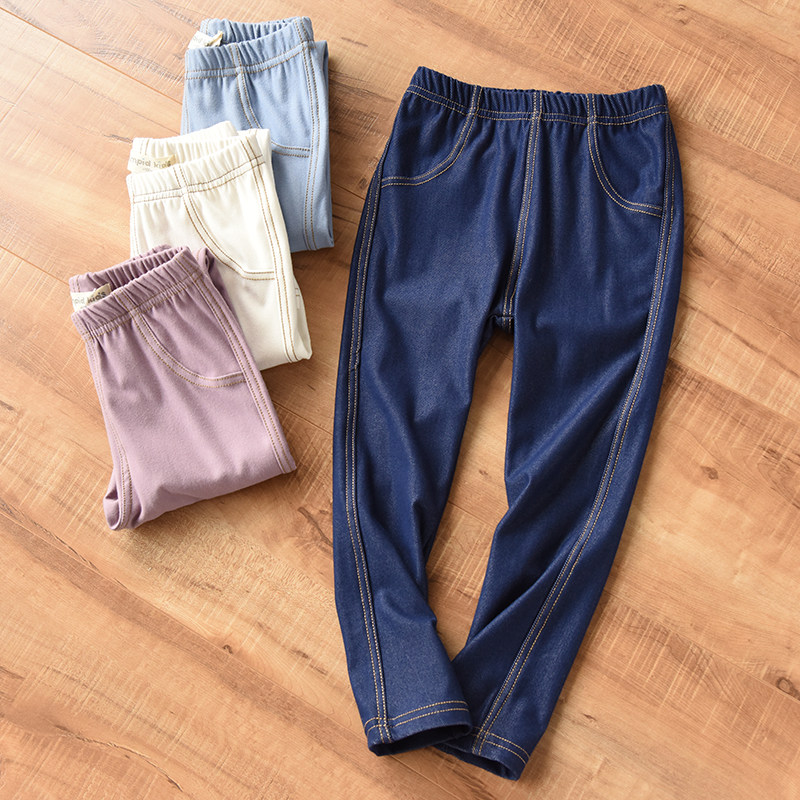Child imitation denim elastic inside lap pants pure color thin section comfort long pants slim fit pants CUHK Tong Chunqiu