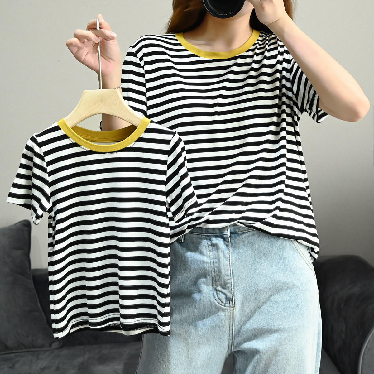 Parent-child summer thin children's Modal short-sleeved T-shirt contrast collar striped crew neck shirt in the big boy summer