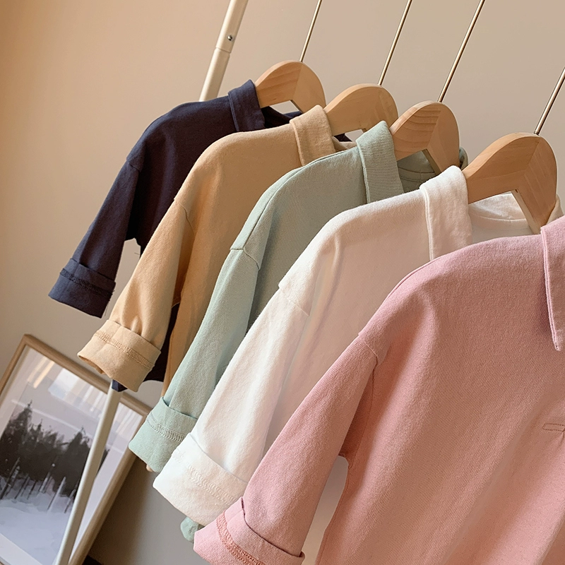 Giặt áo cotton cho trẻ em Áo thun cotton dài tay cho bé trai và bé gái cổ áo sơ mi chạm đáy 19 chiếc áo xuân trẻ em - Áo thun