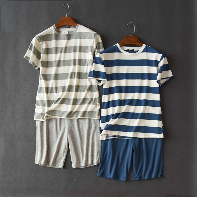 Phá mã xử lý cặp mẫu quần áo sọc nhà phù hợp với quần short cotton ngắn tay nam và nữ váy ngủ lụa tơ tằm