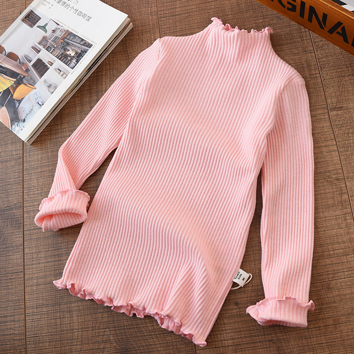 Cô gái nửa cao cổ áo dài tay áo thun cotton có dây thắt đáy áo giữa bé trai lớn co giãn hàng đầu mùa thu mới ao thun coc tay be trai