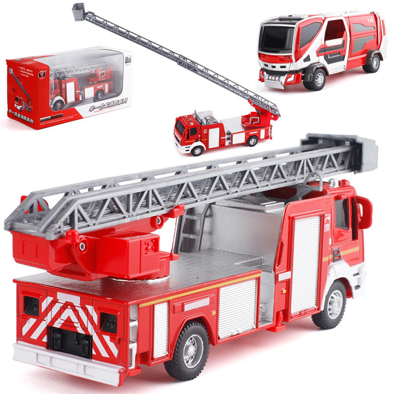 Metal simulation fire truck cloud ladder truck water tanker engineering vehicle model sound and light pull back toy